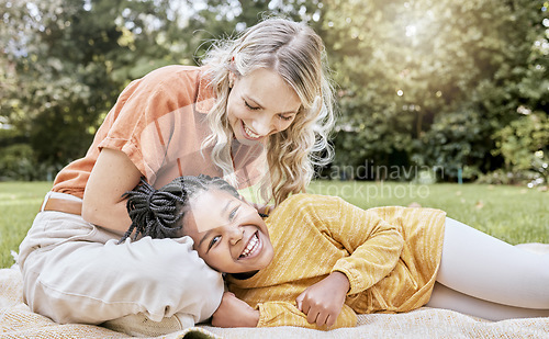 Image of Relax, mother and adoption child picnic with park blanket for bonding, happiness and wellness. Foster, trust and mama with black kid in South Africa with happy family smile together in nature.