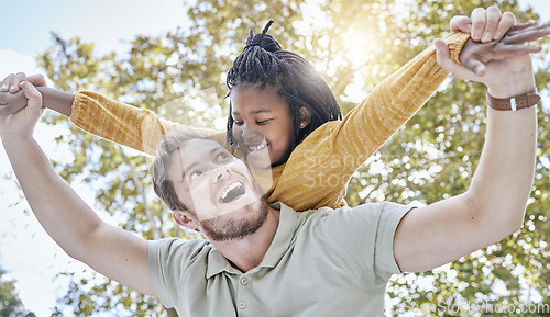 Image of Father, adopted and girl playing flying outside for fun in a nature garden, enjoying foster diversity. Man, little female child and family with kids and parent playful in green park for childhood