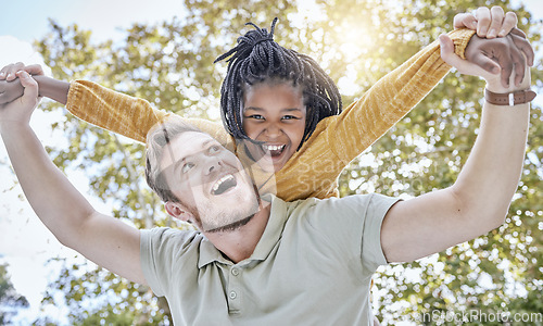 Image of Family, child and adoption piggy back with happy, excited and fun father bonding with daughter in nature. Happiness, care and support of foster dad with black kid smile together in park.
