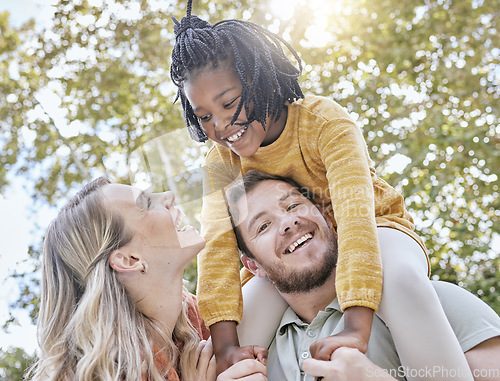 Image of Adoption, family and parents with girl, outdoor or smile together with happiness. Adopted daughter, mother or father carry black child, happy or relax with love, diversity, and play for quality time.