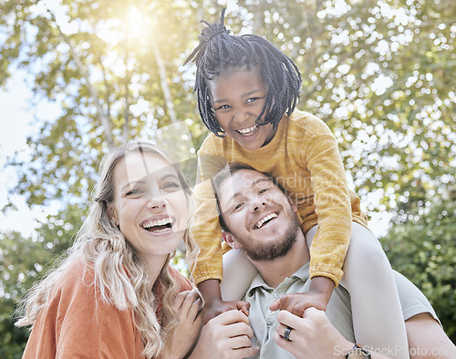 Image of Diversity, adoption and girl with parents in a park in summer for support, love and care on holiday. Happy, smile and portrait of African child with mother and father in foster care bonding in nature