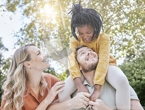 Image of Family, happiness and nature park with mom, dad and a child together outdoor for love, care and support after adoption of foster girl. Smile, trust and happy man, woman and kid on vacation to relax