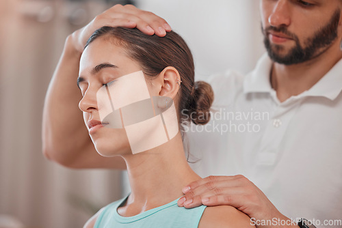 Image of Woman, neck pain or physiotherapy stretching in sports clinic for pain relief, muscle stress management or healthcare wellness. Man, physiotherapist or worker with athlete patient in physical therapy