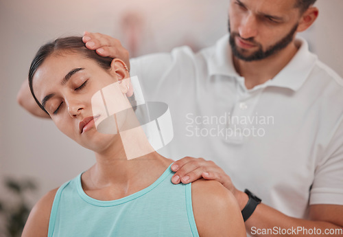 Image of Massage, physiotherapy and injury with a woman customer suffering from neck pain in session with a man consultant. Fitness, wellness and pain with a therapist and female client in rehabilitation