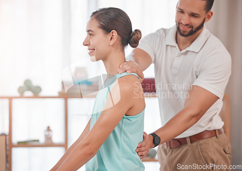 Image of Physiotherapy, chiropractor and consulting with woman and doctor for healthcare, medical or sports therapy. Healing, wellness and training with spine of patient and man help for back injury exam