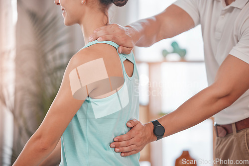 Image of Chiropractor, consultation and woman in physical therapy for her back pain, muscle stress and body performance. Physiotherapy, support and athlete with a physiotherapist to help with rehabilitation