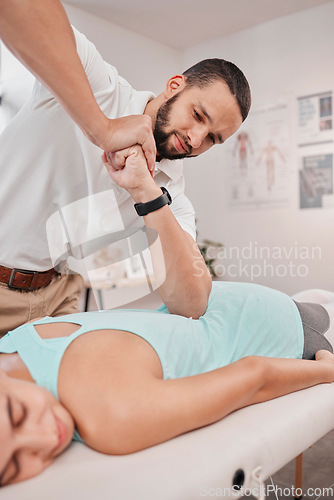 Image of Woman with chiropractor, physiotherapy and a spine massage back pain relief, spinal alignment and lower back pain. Physical therapy clinic, physiotherapist and physio help medical injury or scoliosis