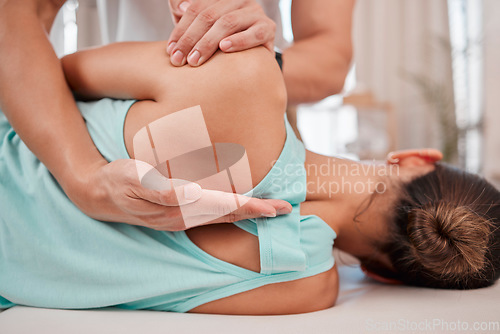 Image of Woman, hands or back pain physiotherapy in sports clinic, wellness healthcare or muscle rehabilitation center. Patient, athlete and physiotherapist in back injury treatment or medical insurance help