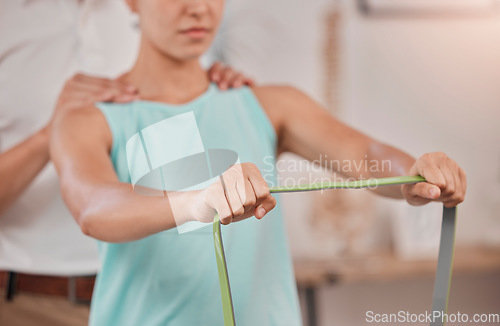 Image of Woman hands, man and physiotherapy resistance band in for strong muscle growth, strength management or mobility. Physiotherapist, sports athlete or personal trainer in band rehabilitation healthcare