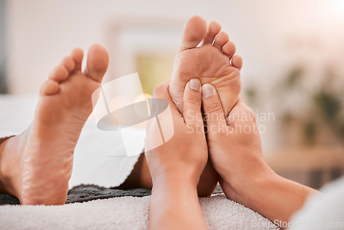 Image of Foot massage, reflexology and podiatrist at luxury spa for woman feet stress relief, muscle relax treatment and wellness physiotherapy. Zen pedicure, self love chakra and self care spiritual healing