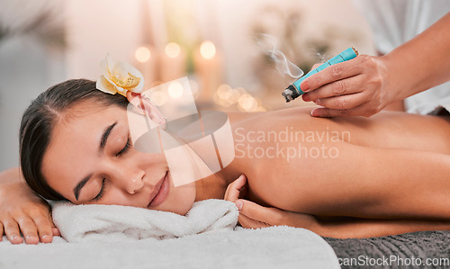 Image of Spa, relax and luxury smoke therapy or meditation for zen mental health. Woman, healthcare wellness and spiritual healing for chakra energy or physical therapy mindfulness with therapist hands