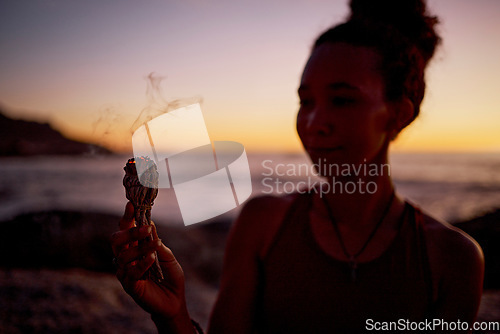 Image of Burning sage, yoga and black woman with wellness and meditation outdoor, sunrise cleansing ritual. Healing, spiritual with chakra and aromatherapy, cleaning of aura smoke and mindfulness.