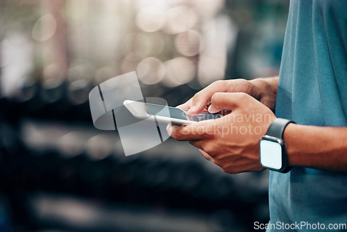 Image of City, phone, and hands post on social media connected to internet with a website notification outdoors. News, digital and man online typing or texting on a social networking app and searching content