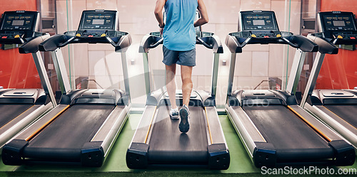Image of Running, fitness and exercise on treadmill in gym for healthcare motivation goal. Speed runner, sports workout and healthy marathon training or cardio wellness machine for race in health club