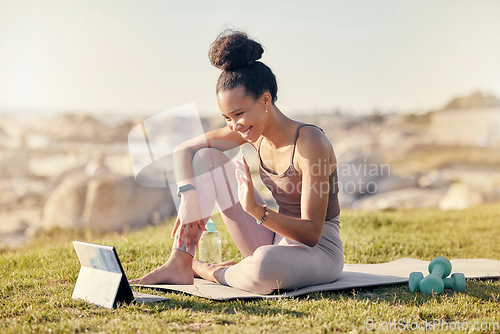 Image of Tablet, woman coach and meditation for workout, relax and exercise for tutorial, outdoor and connect. Digital device, black girl and trainer with fitness video call, wellness and online instructor.