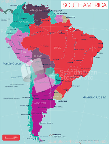 Image of South America country detailed editable map