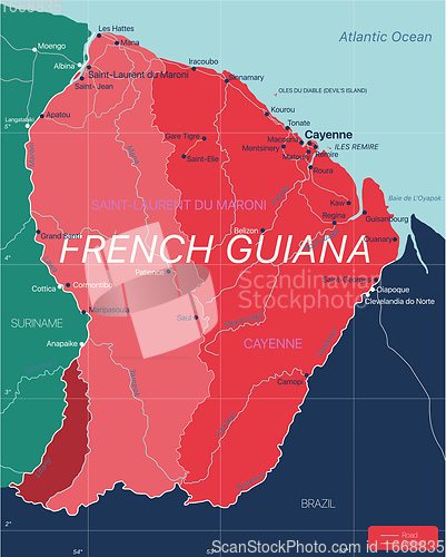 Image of French Guiana country detailed editable map