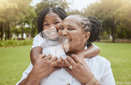 Image of Portait, children and piggyback with a mother and daughter in a park together on a sunny summer day. Happy, face and family with a black woman and girl child bonding outdoor in nature during the day