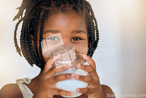 Image of Milk, health and nutrition portrait of black kid for wellness, calcium and diet with smile. Young, girl and happy child holding dairy drink in glass for a healthy lifestyle with mockup.