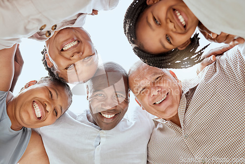 Image of Diversity, family and huddle together, smile and positive being loving, happy and embrace. Portrait, interracial and happiness to connect, mixed race people and support for hug, bonding and love.