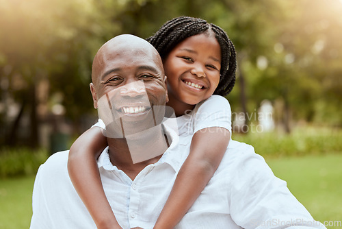 Image of Portrait of dad, girl in nature park and bonding together with a happy smile, piggyback hug and love. Black man, smiling child outdoors and relax on grass in summer sun on childhood holiday wellness