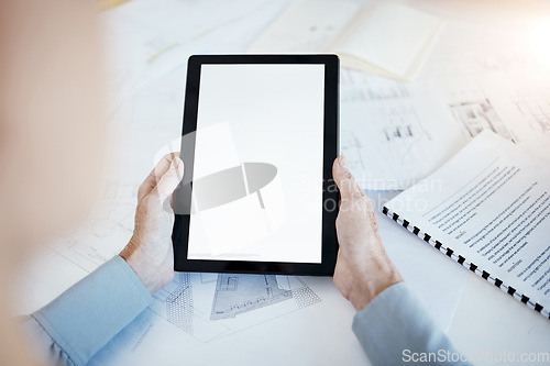 Image of Architecture, tablet mockup in hands of architect, business and blueprint plan with construction paperwork and technology. Digital, connection and building document with planning and engineering.