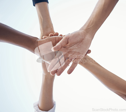 Image of Together, business hands and teamwork circle for community support, team building and career collaboration. Group of people hand stack sign for mission, trust and goal with below mock up background