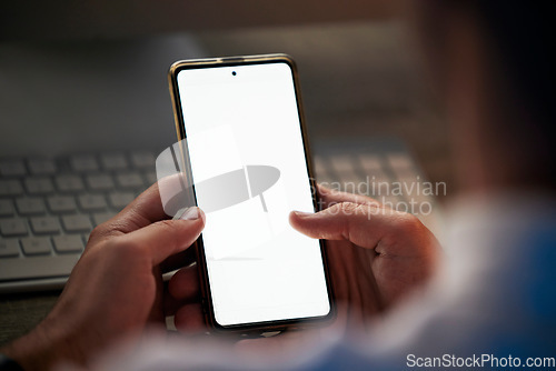 Image of Hands with smartphone mock up, technology and communication, businessman with phone in marketing or advertising. Internet, connection and 5g network with digital tech for business, web and connect.