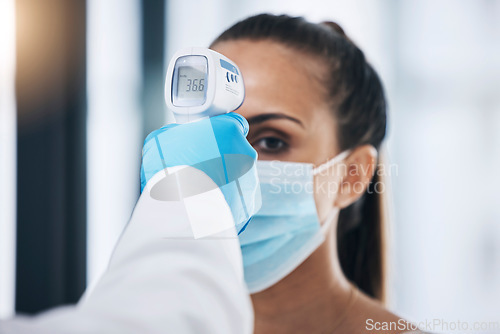Image of Zoom doctor, covid or woman face with thermometer in hospital for corona, covid 19 or virus test. Medical, medicine or insurance nurse consulting temperature, healthcare or health travel compliance