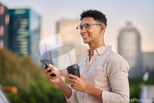 Image of Black man, smartphone and coffee outdoor, in city and smile being trendy, casual and sunset. Gen z, travel and cellphone to connect, happy and online browse for social media, chatting and happiness