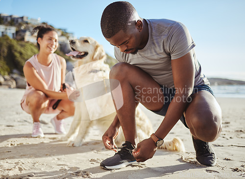 Image of Fitness, walk and couple at the beach with their dog for freedom, exercise and relax during summer. Wellness, nature and black man tying shoelace by the sea before running with his pet and girlfriend