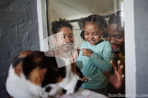 Image of Family, animal shelter and child excited about a cat while doing volunteer or charity work with a smile and happiness of mother, girl and father. Man, woman and kid at vet window for adoption of pet