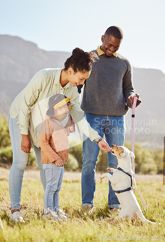 Image of Happy family with a dog in nature to relax in summer holidays or vacation walking or playing with a cute pet. Mother, father and girl child enjoy bonding or dog training a jack russell puppy animal