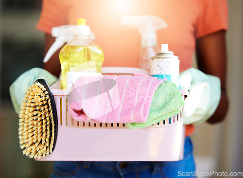 Image of Zoom of hands, home cleaning or hygiene product equipment of liquid chemical, disinfectant spray bottle or brush sponge for cleaning service tools. Bacteria, clean supplies or lens flare with cleaner