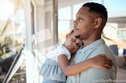 Image of Family, home and father with sleeping girl in arms, standing and looking out window. Love, child care and dad carrying tired, exhausted and young daughter with affection, bonding and enjoying weekend