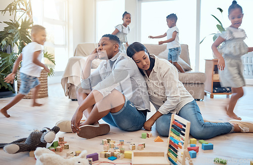 Image of Tired, family and children running in living room with toys and playing for energy, noise and active. Burnout, headache and stress with mom and dad with fatigue and kids for crazy, adhd and youth