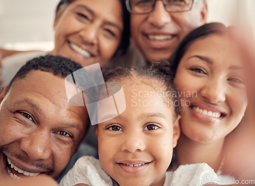 Image of Happy family, portrait and smile for home selfie together relaxing, bonding or enjoying holiday break indoors. Mother, father and grandparents with child smiling for photo love, care or family time