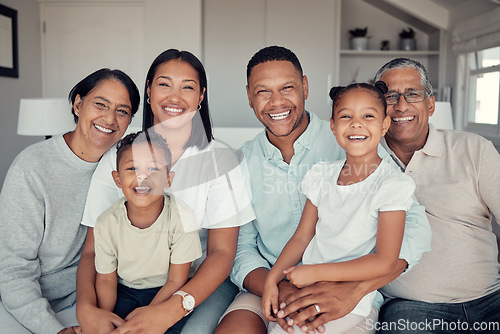 Image of Grandparents, parents and children, family with love and generations in happiness portrait with relationship and bonding in family home. Happy, big family and smile together spending quality time.