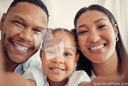 Image of Happy family, portrait and smile for home selfie in joyful happiness for bonding or relaxing together. Mother, father and child face smiling for photo, picture or capture moments of family time