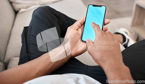 Image of Man, hands or phone green screen mockup for advertising space, digital marketing media or internet esports ux. Blue screen, mock up or chroma key on mobile technology social media app in living room