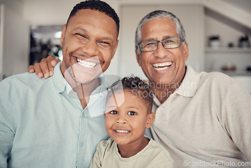 Image of Father, grandfather and boy in family portrait at house or Brazilian home living room in trust, love and support. Smile, happy child and kid bonding with dad, parent or retirement elderly grandparent