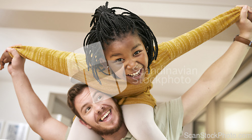 Image of Happy father, adoption and smile for piggyback ride, playing or fun bonding relationship together at home. Dad carrying adopted kid on shoulders smiling for joyful family play time in the house