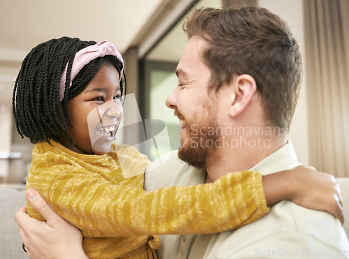 Image of Black girl, adoption or father in hug in living room or house, family home or orphanage with foster success, support or love trust. Smile, happy child or excited kid bonding with dad, man or parent