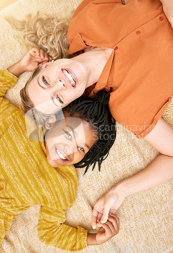 Image of Woman, girl love and family, relax together on living room floor in overhead portrait, happiness and bonding in family home. Mother, child relationship and spending quality time, care and happy.