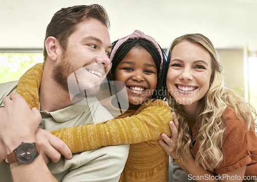 Image of Family, adoption and parents hug child, love and happiness with child care portrait, relax at family home. Happy, bonding and interracial people with foster care and mother, father with kid.