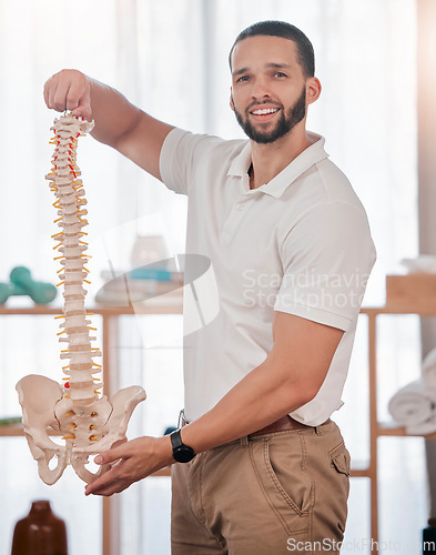Image of Chiropractor, spine of skeleton and portrait of doctor for healthcare, medical and orthopedic anatomy. Physiotherapy, surgery and medicine with man and backbone for vertebra, spinal or insurance