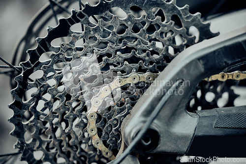 Image of Bicycle, metal chain or wheel cassette in repair workshop, retail bike store or home garage in fixing, oil maintenance or upgrading. Zoom, texture or steel cycling mechanical engineering for bmx tire