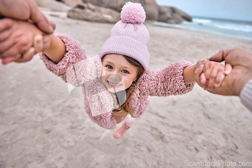 Image of Girl, father or playing in spinning game on beach, ocean or sea holiday pov in trust, security or love. Portrait, smile or happy child bond with dad, man or parent in fun or exciting nature activity