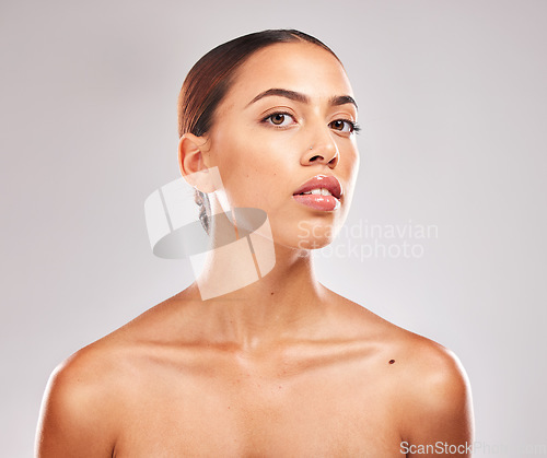 Image of Beauty, skincare and health with portrait of woman for spa, wellness and facial. Makeup, health and luxury with girl model for cosmetics, dermatology and product in gray background in studio