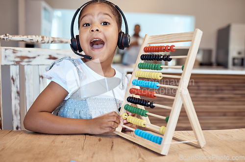 Image of Headphones, abacus and girl learning in home in video call, online class or distance learning. Portrait, education or child with headset and wood calculator tool for studying math in webinar at house